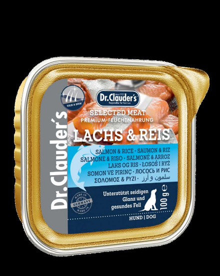 Dr. Clauder's Selected Meat Pro Hair Skin Salmon Rice - консервирана храна със сьомга и ориз за кученца с проблемна кожа и козина, 100 гр